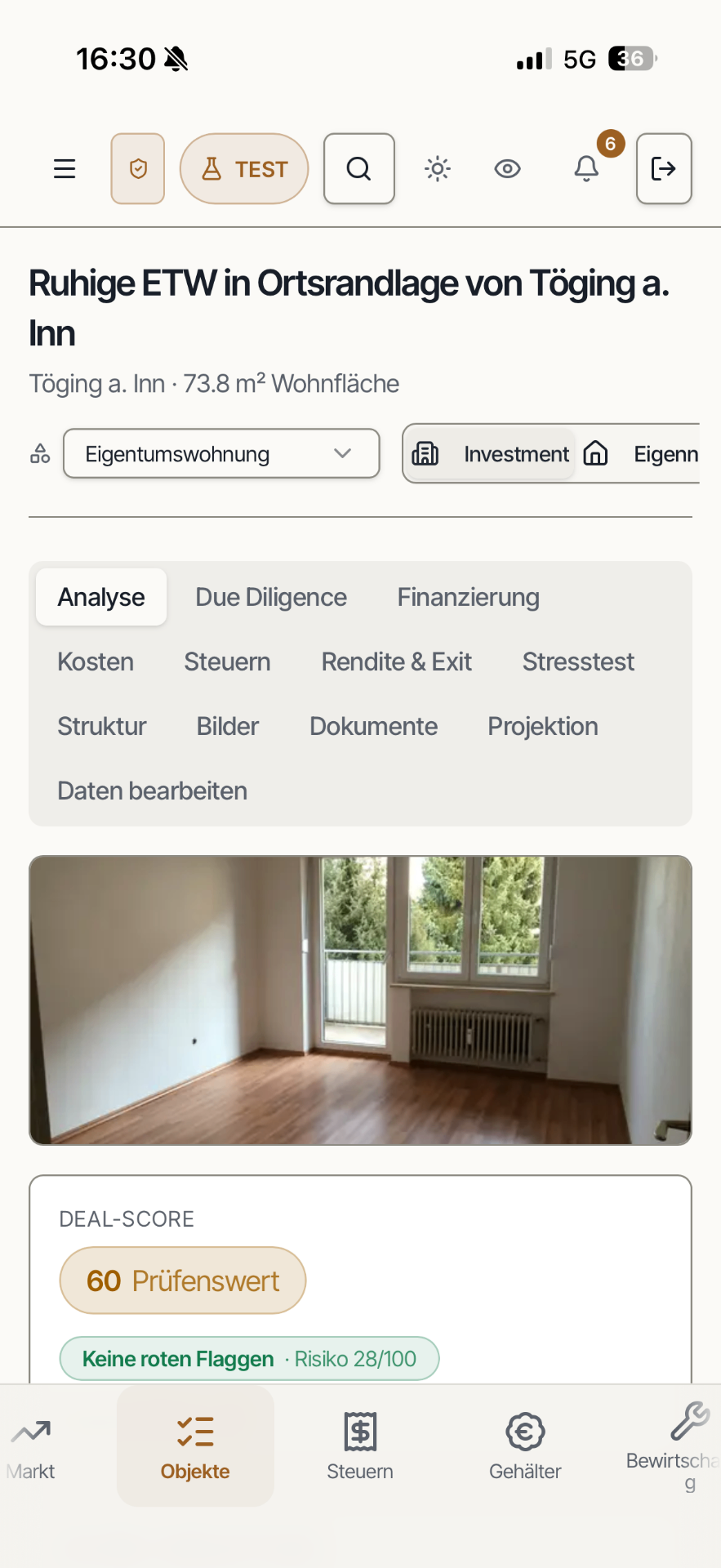 Objektansicht einer Eigentumswohnung mit Deal-Score und Risikobewertung
